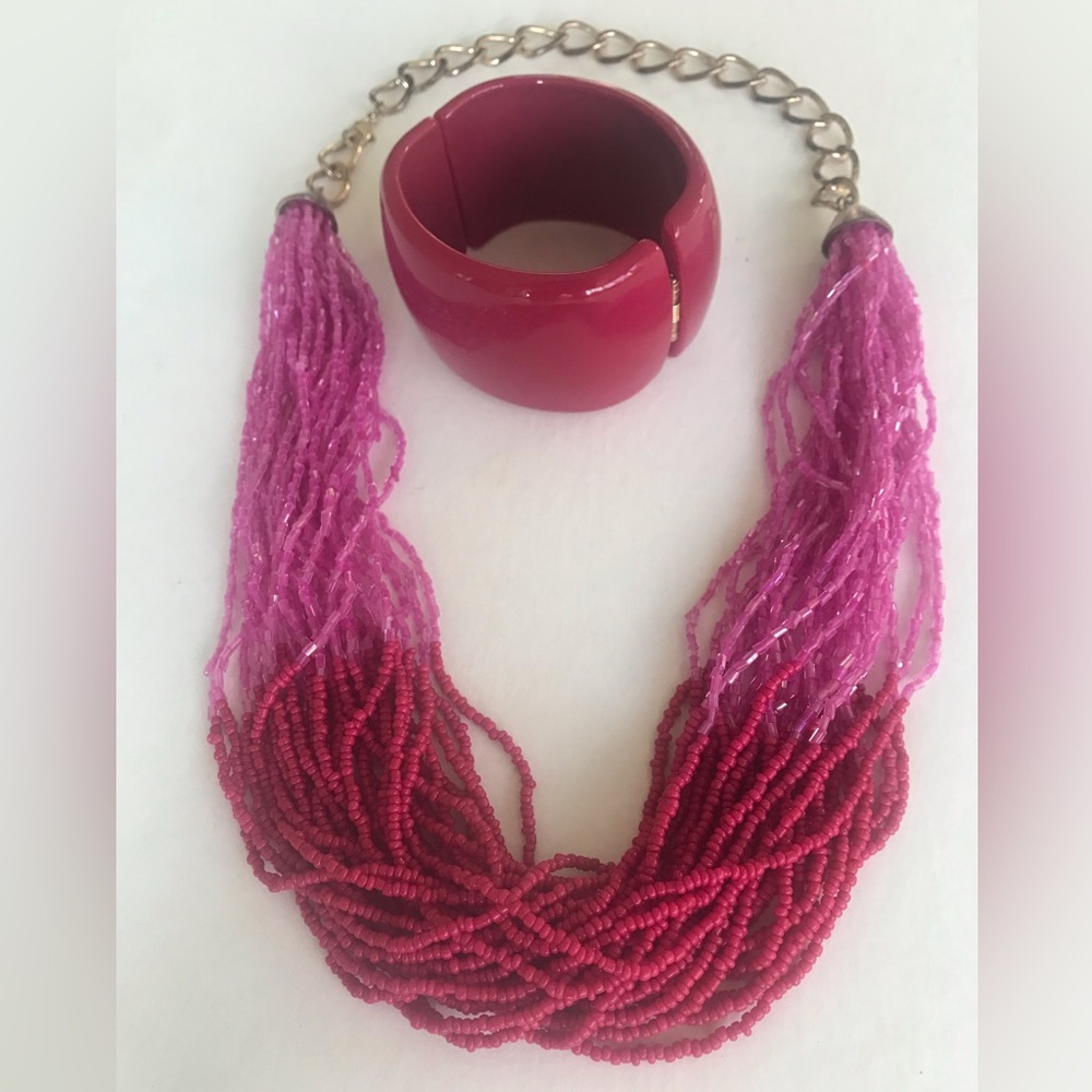 Hot Pink Seed Bead Necklace and Plastic Cuff Bracelet